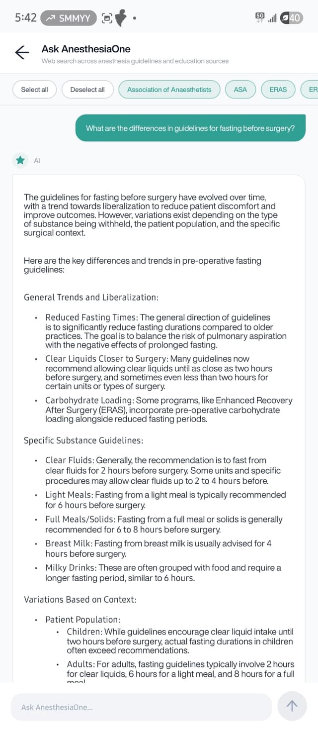 Ask AnesthesiaOne search result for fasting guidelines before surgery