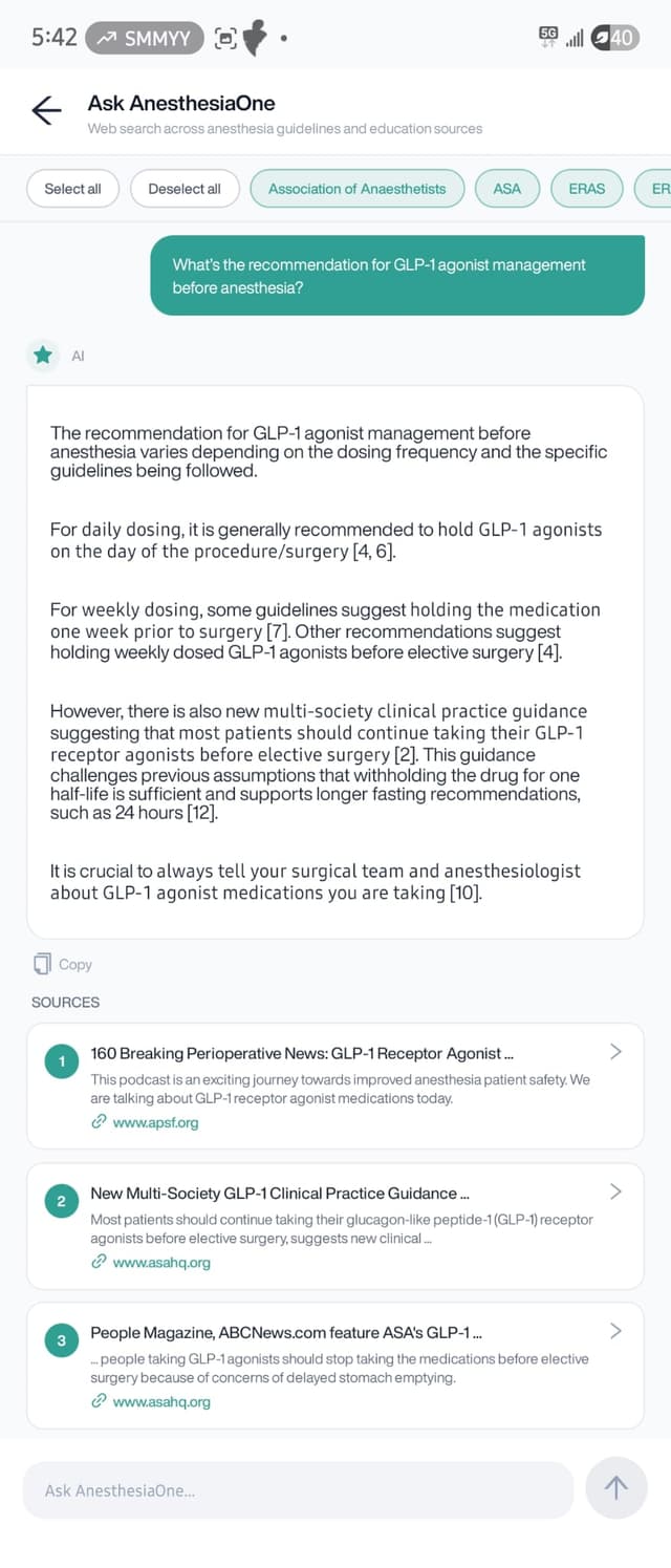 Ask AnesthesiaOne search result for GLP-1 agonist management before anesthesia