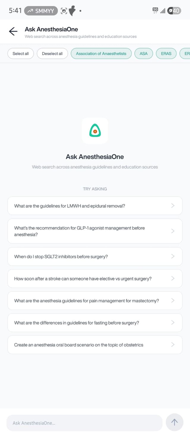 Ask AnesthesiaOne app landing page showing suggested questions and source filters